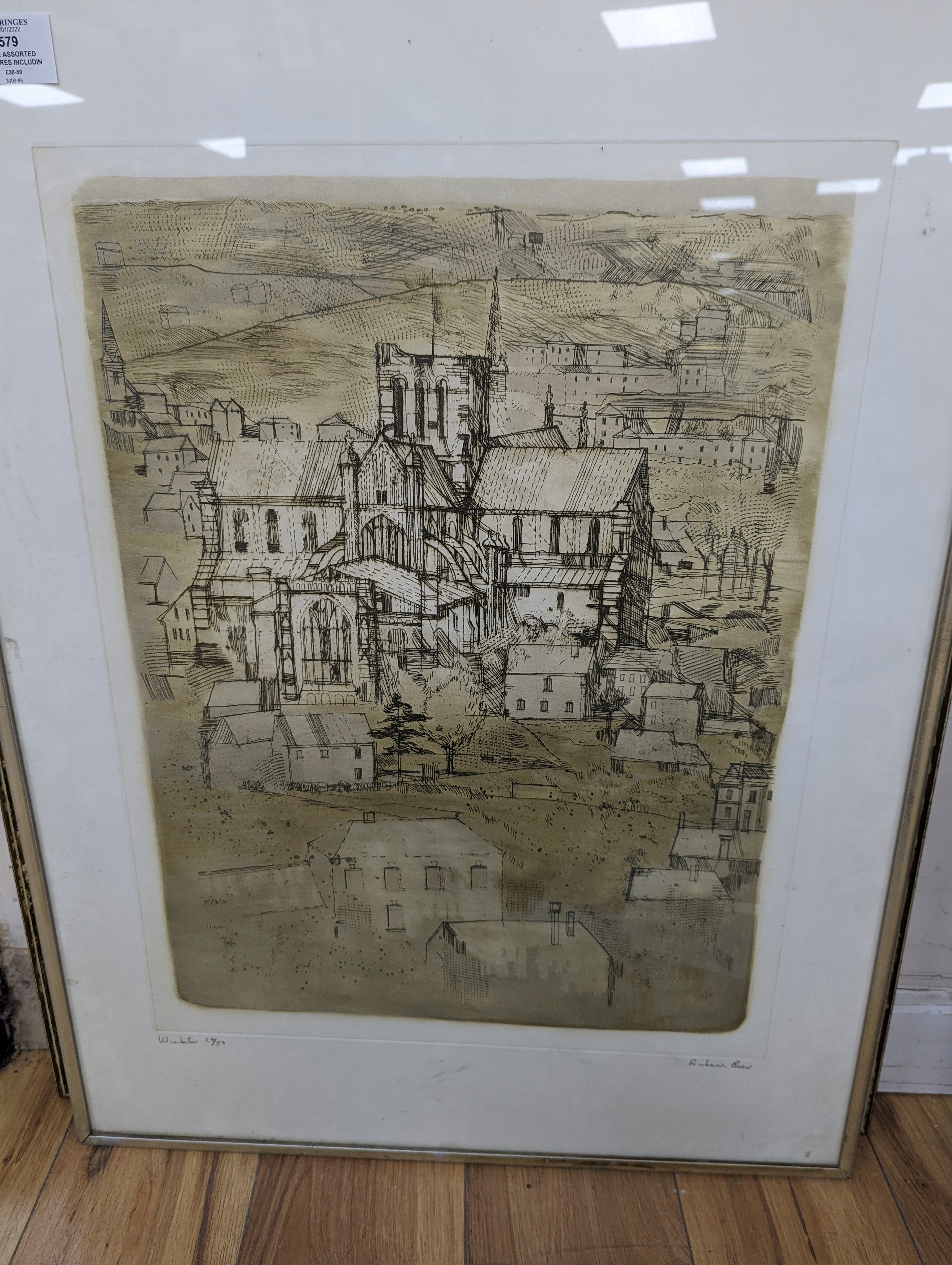 Five assorted pictures including a Richard Beer print and a modern British watercolour signed Mason